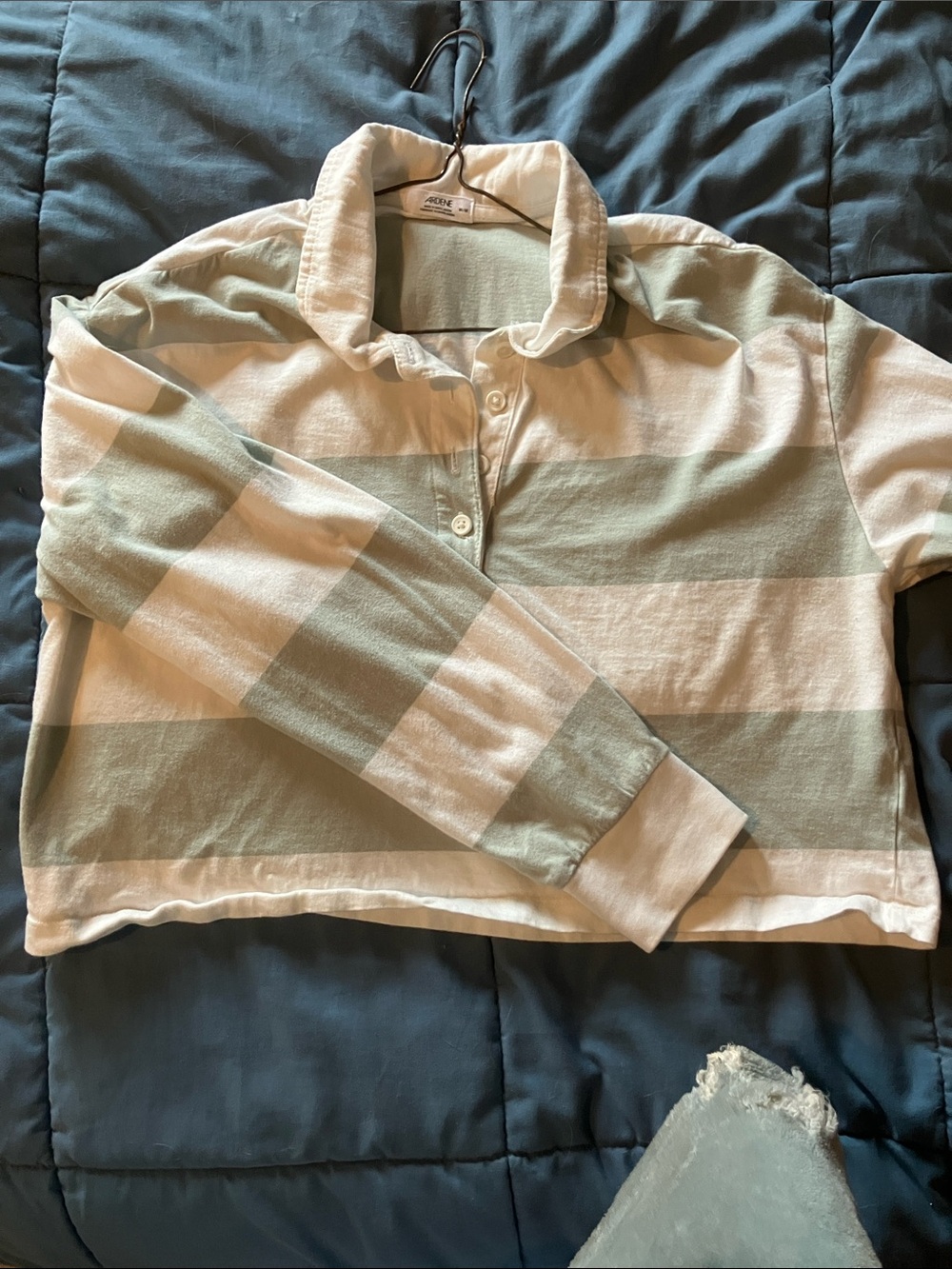 Ardene Sage and Cream Striped Long-Sleeve Polo Top
